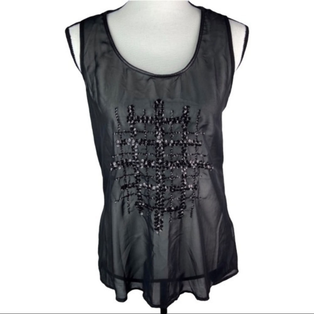 Studio Y Tank Blouse Top Sheer Black Sequined Sleeveless Size S